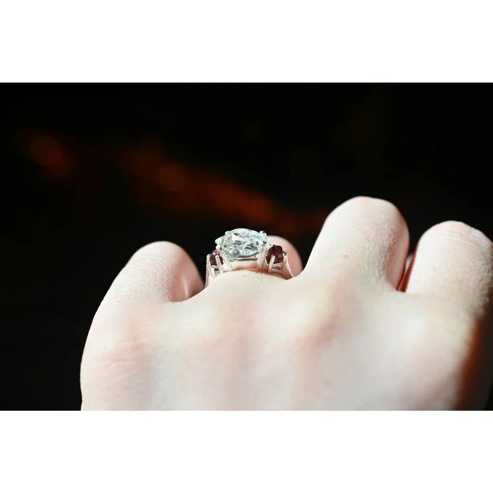 3 Stone Raw Diamond and Garnet Handmade Engagement Ring Rough Natural - Picture 6 of 8